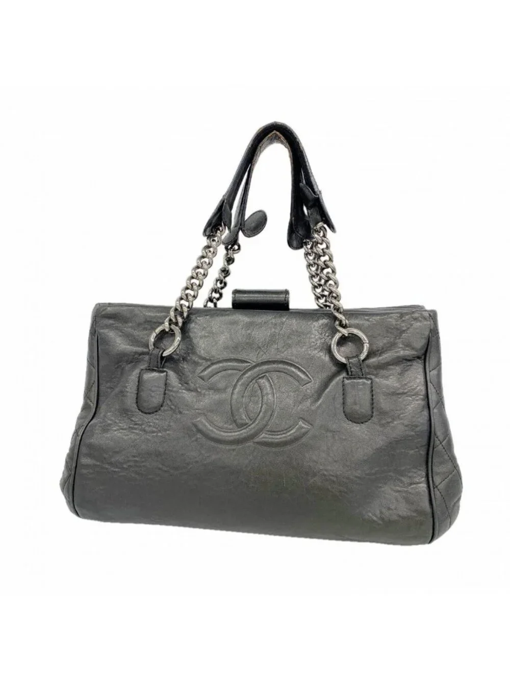 Chanel Chain Tote Leather Black Silver